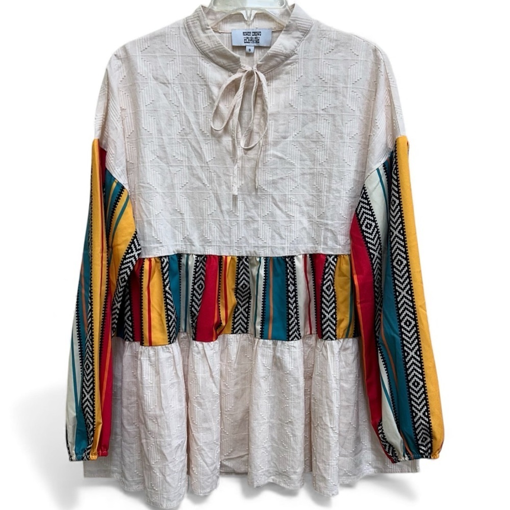 ROWDY CROWD Women's Blouse with Multicolor Stripes Aztec Baby Doll Top - Picture 2 of 4